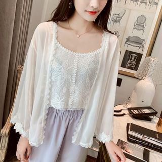 Lace Trim Open Front Chiffon Jacket White - One Size