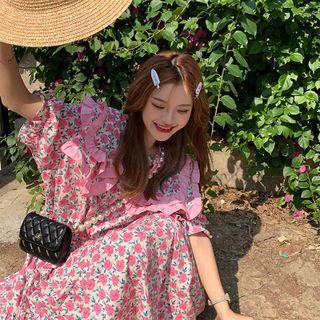 Ruffle Short-sleeve Floral Dress As Shown In Image - One Size