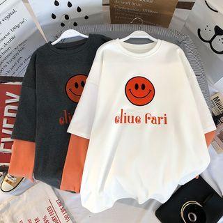 Contrast Trim Mock Two Piece Smiley Print T-shirt