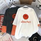 Contrast Trim Mock Two Piece Smiley Print T-shirt