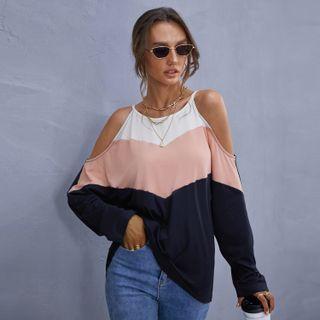 Off-shoulder Long-sleeve Plain Panel Top
