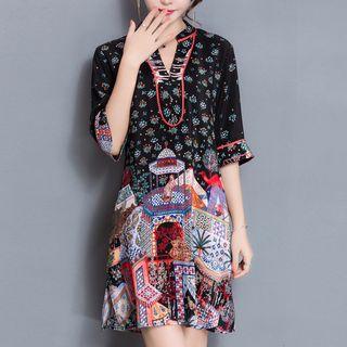 Print Elbow-sleeve Silk Dress