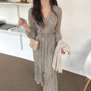 Long-sleeve Floral Pleated Dress Green - One Size