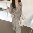 Long-sleeve Floral Pleated Dress Green - One Size