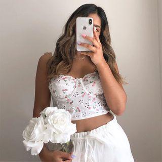 Cherry Embroidered Eyelet Cropped Camisole Top As Shown In Figure - One Size