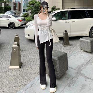 Long-sleeve Drawstring Slit Top