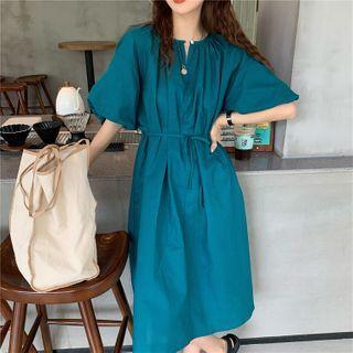 Puff-sleeve V-neck Midi Shift Dress