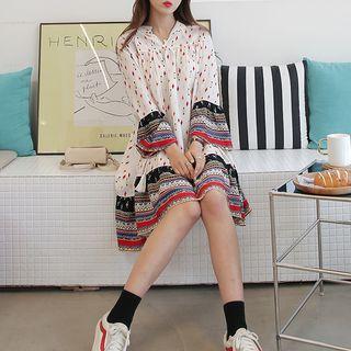 Tassel-trim Bell-cuff Ethnic-pattern Dress White - One Size
