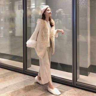 Furry Vest / Bell-sleeve Knit Top / Woolen Wide-leg Pants