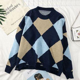 Loose-fit Distressed Argyle Sweater Blue - One Size
