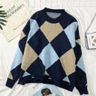 Loose-fit Distressed Argyle Sweater Blue - One Size