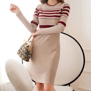 Long-sleeve Striped Sheath Knit Dress Camel - One Size