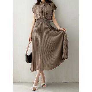 Cap-sleeve Smocked Maxi Pleated Dress
