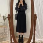 Long-sleeve Ruffled Floral Print Blouse / Midi A-line Skirt