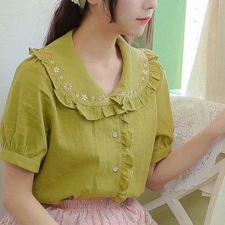 Flower-embroidered Linen Blend Blouse