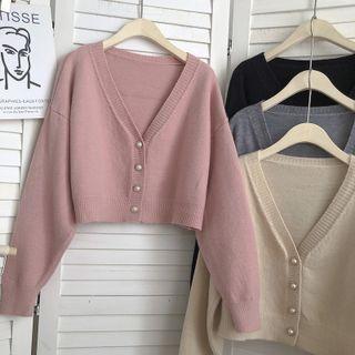 V-neck Plain Long-sleeve Knit Jacket