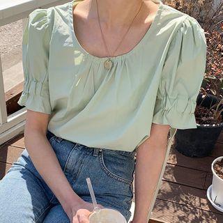Plain Balloon-sleeve Blouse Grass Green - One Size