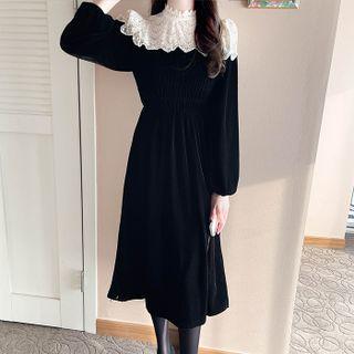 Lace-yoke Long Velvet Dress Black - One Size