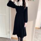 Lace-yoke Long Velvet Dress Black - One Size