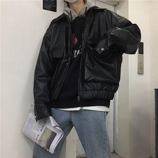Couple Matching Faux Leather Zip Jacket Black - One Size