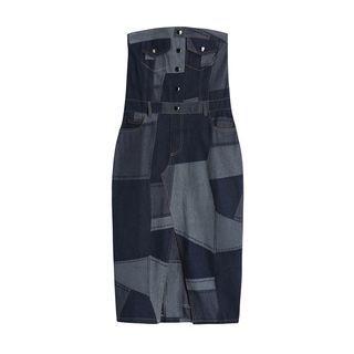 Strapless Geometric Print Denim Bodycon Dress