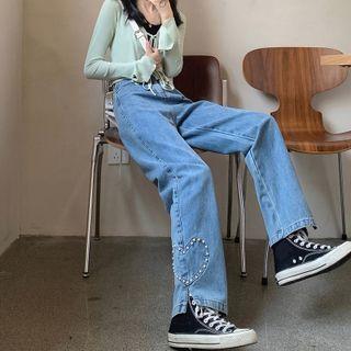 Faux Pearl Heart Wide Leg Jeans