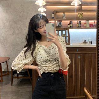 Floral Print 3/4-sleeve Shirred-front Blouse