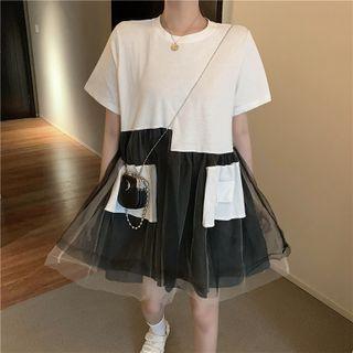 Short-sleeve Mesh Panel Pocket Detail T-shirt