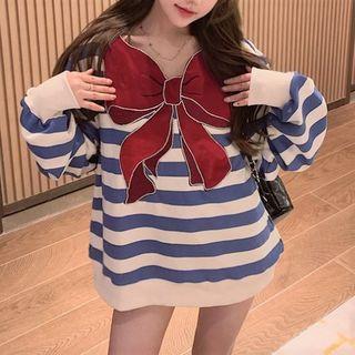 Bow Print Striped Sweatshirt Blue - One Size