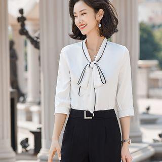 Bow-neck Blouse / Dress Pants / Midi Pencil Skirt / Set