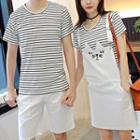 Couple Matching Short-sleeve Striped T-shirt / Shorts / Cat Pinafore Dress