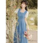 Two-tone Panel Square-neck Midi A-line Dress