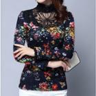 Lace Panel Flower Print Long-sleeve Top