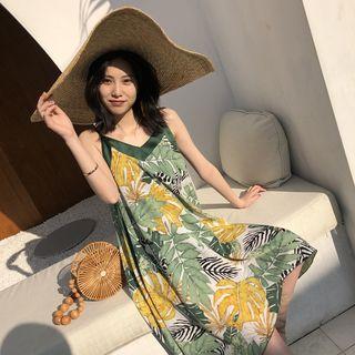 Spaghetti Strap Tropical Print Asymmetric Midi Dress