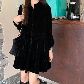 Plain Velvet Mini A-line Shirtdress Black - One Size