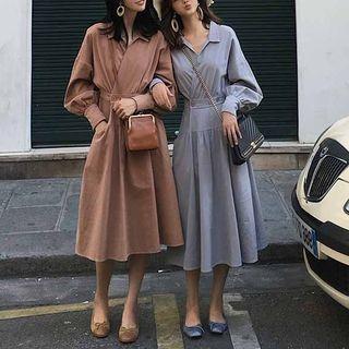 Couple Matching Pocketed Shirt / V-neck Long-sleeve A-line Dress