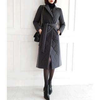 Peaked-lapel Contrast-panel Padded Coat With Sash