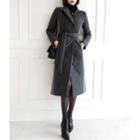 Peaked-lapel Contrast-panel Padded Coat With Sash