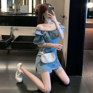 Off Shoulder Denim Split Mini Dress