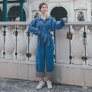 Long-sleeve Wide-leg Plaid Panel Jumpsuit