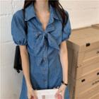 Bow-neck Denim Mini A-line Dress Blue - One Size