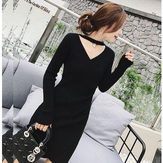Long-sleeve Open Front Sheath Knit Dress Black - One Size