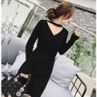 Long-sleeve Open Front Sheath Knit Dress Black - One Size