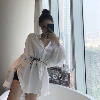 Plain V-neck Long-sleeve Loose-fit Shirt