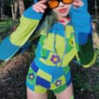 Set: Color Block Floral Cropped Zip-up Hoodie + Shorts