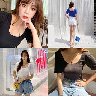 Square-neck Textured Slim-fit T-shirt