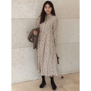 Pintuck-trim Dotted Long Shirtdress