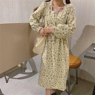Long-sleeve Floral Print Midi A-line Dress Green Floral - White - One Size