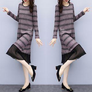 Long-sleeve Mesh Hem Midi A-line Knit Dress