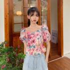 Puff-sleeve Floral Print Tie-back Crop Top Floral - Pink - One Size